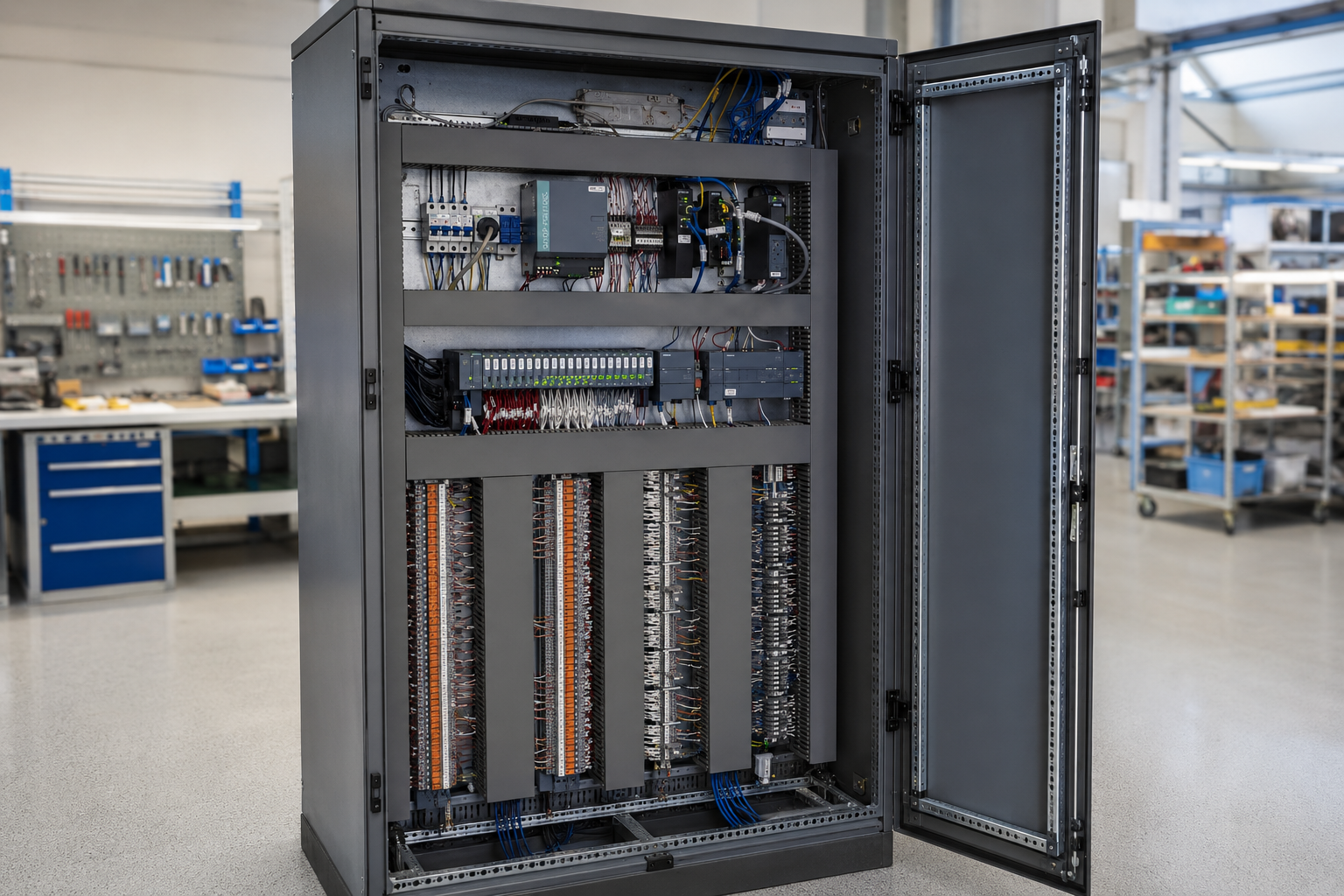 Индустриално табло за управление с PLC и електрически компоненти